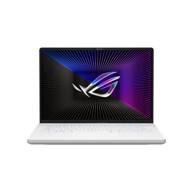 Front View of the Moonlight White Rog Zephyrus G14, With the Rog Fearless Eye Logo on Screen